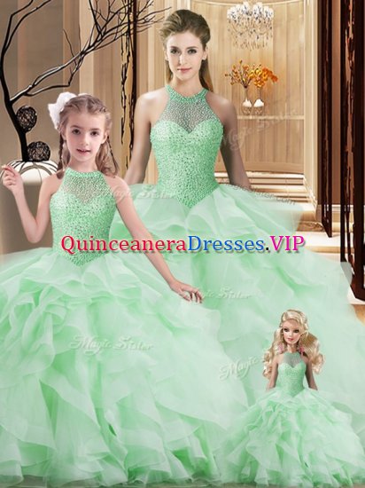 Inexpensive Apple Green Sleeveless Beading and Ruffles Lace Up Sweet 16 Quinceanera Dress - Click Image to Close