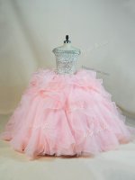 Pink Ball Gowns Off The Shoulder Sleeveless Organza Brush Train Lace Up Beading and Ruffles Vestidos de Quinceanera