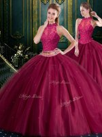 Fancy Ball Gowns Quinceanera Dress Burgundy High-neck Tulle Sleeveless Floor Length Lace Up(SKU SJQDDT952002BIZ)