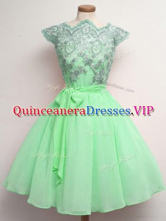 Gorgeous Apple Green A-line Scalloped Cap Sleeves Chiffon Knee Length Lace Up Lace and Belt Dama Dress for Quinceanera