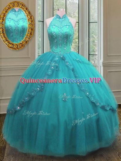 Exceptional Aqua Blue Sleeveless Tulle Lace Up Quinceanera Gown for Military Ball and Sweet 16 and Quinceanera - Click Image to Close
