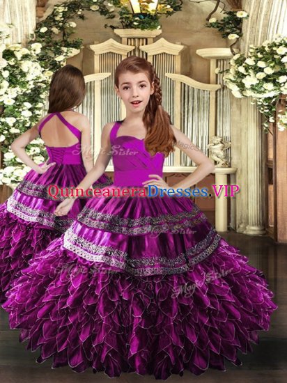 Unique Sleeveless Floor Length Appliques and Ruffles Lace Up Pageant Gowns with Purple - Click Image to Close