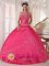 Manacor Spain Fabulous Red Taffeta Halter Top and Appliques Decorate Bodice For Quinceanera Dress Ball Gown