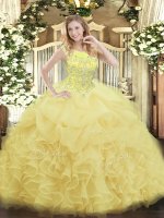 Sleeveless Organza Floor Length Zipper 15th Birthday Dress in Yellow with Beading and Ruffles