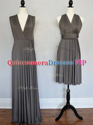 Fashion Grey Empire Chiffon V-neck Sleeveless Ruching Floor Length Lace Up Damas Dress