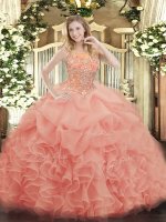 Sleeveless Organza Floor Length Zipper Sweet 16 Dresses in Baby Pink with Beading and Ruffles(SKU SJQDDT1232002-3BIZ)