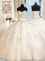 Sweetheart Sleeveless Lace Up Quinceanera Gowns Champagne Tulle