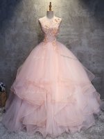 Sleeveless Tulle Floor Length Lace Up 15th Birthday Dress in Pink with Appliques and Ruffles