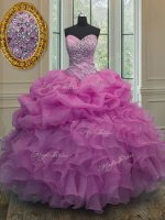 Best Selling Lilac Ball Gowns Organza Sweetheart Sleeveless Beading and Ruffles and Pick Ups Floor Length Lace Up Quinceanera Gowns