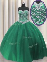 Fabulous Dark Green Tulle Lace Up Party Dress for Girls Sleeveless Floor Length Beading and Sequins