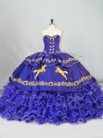 Purple Lace Up Sweet 16 Dress Embroidery and Ruffled Layers Sleeveless Brush Train