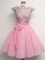 Captivating Rose Pink Chiffon Lace Up Scalloped Cap Sleeves Knee Length Dama Dress Lace and Belt(SKU SWBD148-9BIZ)