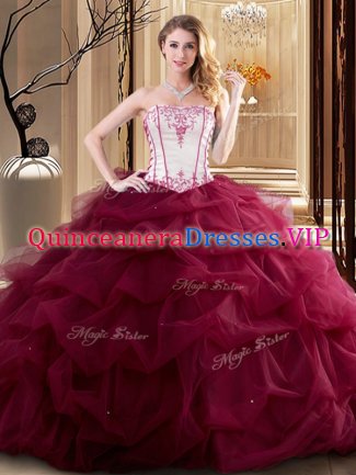 Wine Red Sleeveless Floor Length Embroidery and Ruffled Layers Lace Up Quinceanera Gowns