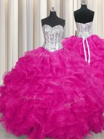 Fuchsia Organza Lace Up Sweetheart Sleeveless Ball Gown Prom Dress Beading and Ruffles