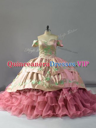 Pink Sleeveless Organza Chapel Train Lace Up Quinceanera Gown for Sweet 16 and Quinceanera