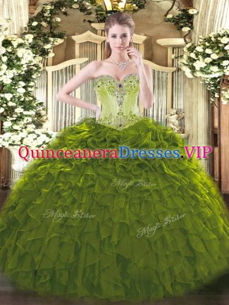 Olive Green Sweetheart Lace Up Beading and Ruffles Quinceanera Dress Sleeveless