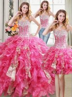 Admirable Three Piece Hot Pink Sleeveless Floor Length Beading and Ruffles and Sequins Lace Up Sweet 16 Dress