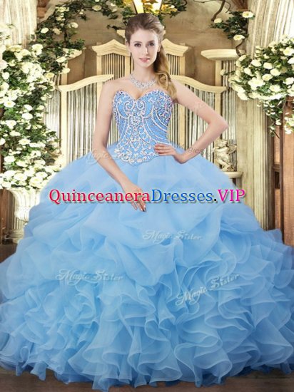Hot Sale Aqua Blue Lace Up 15th Birthday Dress Beading and Ruffles and Pick Ups Sleeveless Floor Length - Click Image to Close