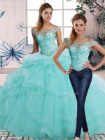 Dazzling Aqua Blue Two Pieces Beading and Ruffles Vestidos de Quinceanera Lace Up Tulle Sleeveless Floor Length
