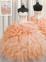 Hot Selling Visible Boning Orange Lace Up Sweet 16 Quinceanera Dress Beading and Ruffles Sleeveless Floor Length