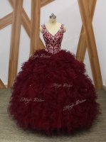 Unique V-neck Sleeveless Organza Ball Gown Prom Dress Beading and Ruffles Backless