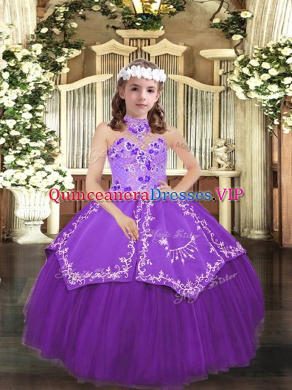 Dazzling Eggplant Purple Lace Up Halter Top Embroidery Girls Pageant Dresses Tulle Sleeveless - Click Image to Close