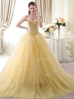 On Sale Floor Length Gold Vestidos de Quinceanera Tulle Sleeveless Beading
