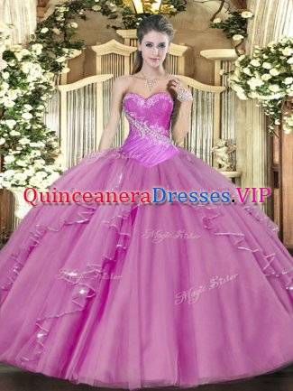 Lilac Lace Up Sweet 16 Quinceanera Dress Beading Sleeveless Floor Length