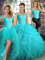 Latest Aqua Blue Lace Up Quinceanera Gown Beading and Ruffles Sleeveless Floor Length