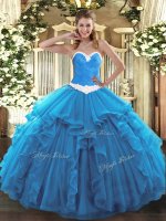 Sleeveless Floor Length Appliques and Ruffles Lace Up Sweet 16 Quinceanera Dress with Baby Blue