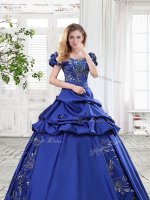 Ideal Off the Shoulder Cap Sleeves Floor Length Appliques and Pick Ups and Bowknot Lace Up Quinceanera Dress with Royal Blue