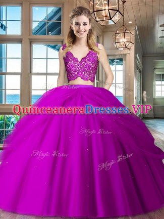 Glamorous Tulle Sleeveless Floor Length 15 Quinceanera Dress and Lace and Ruffled Layers