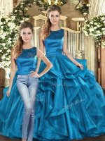 Pretty Teal Sleeveless Ruffles Floor Length 15th Birthday Dress