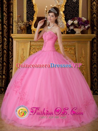 Rose Pink Sweetheart Neckline Floor-length Ball Gown Quinceanera Dress For San Felipe de Puerto Plata Dominican Republic Appliques Decorate - Click Image to Close