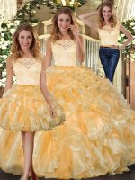Floor Length Three Pieces Sleeveless Gold Quince Ball Gowns Clasp Handle