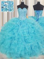 Customized Visible Boning Sleeveless Organza Floor Length Lace Up Quinceanera Dress in Baby Blue with Beading and Ruffles