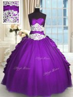 Fitting Floor Length Purple Quince Ball Gowns Taffeta Sleeveless Beading and Lace and Ruching and Pick Ups