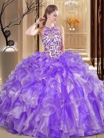 Scoop Backless Floor Length Lavender Quinceanera Gowns Organza Sleeveless Embroidery and Ruffles
