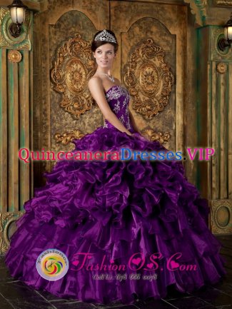 Pretty Eggplant Purple Appliques and Ruffles Decorate Bodice Quinceanera Dress For Strapless Organza Ball Gown IN Yorkshire