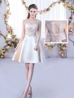 Luxury Champagne Satin Lace Up Scoop Sleeveless Mini Length Dama Dress for Quinceanera Lace and Belt