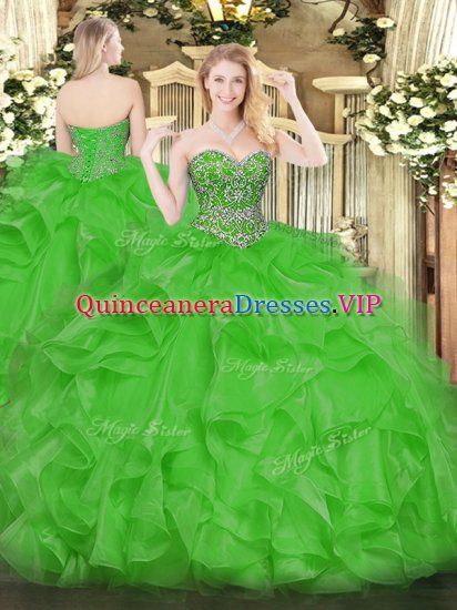 Dramatic Green Lace Up Sweetheart Beading and Ruffles Quinceanera Gowns Organza Sleeveless - Click Image to Close
