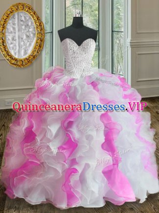 White and Pink Ball Gowns Organza Sweetheart Sleeveless Beading and Ruffles Floor Length Lace Up 15 Quinceanera Dress