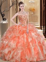 Pretty Orange Organza Lace Up Sweet 16 Dress Sleeveless Floor Length Beading and Ruffles