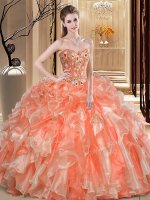 Pretty Orange Organza Lace Up Sweet 16 Dress Sleeveless Floor Length Beading and Ruffles