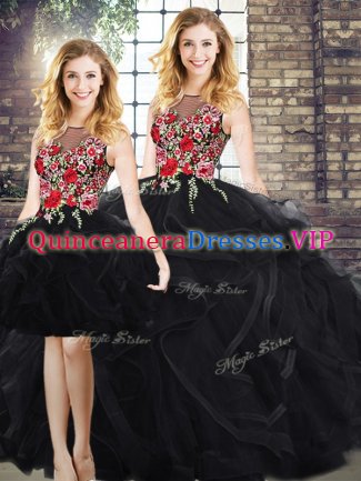 Beautiful Black Zipper Scoop Embroidery and Ruffles Quinceanera Dress Sleeveless