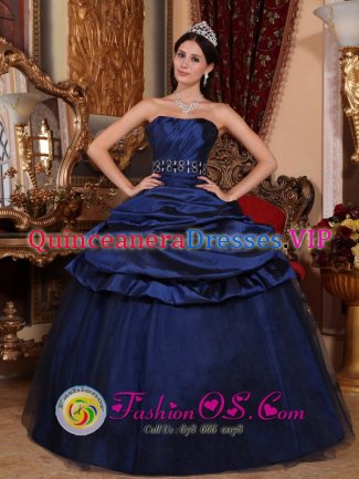 Lebanon Ohio/OH Customize Navy Blue Pick-ups Beading and Ruch Quinceanera Dress With Strapless Tulle and Taffeta Ball Gown