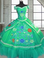 Short Sleeves Taffeta Floor Length Lace Up Military Ball Dresses For Women in Green with Beading and Embroidery