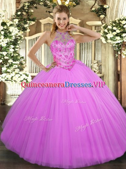 Lilac Ball Gowns Beading Sweet 16 Quinceanera Dress Lace Up Tulle Sleeveless Floor Length - Click Image to Close