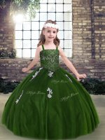 Elegant Green Sleeveless Floor Length Appliques Lace Up Winning Pageant Gowns