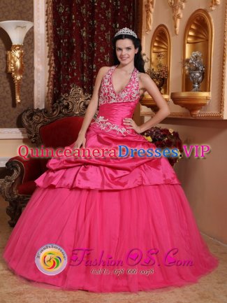 Albany NY Hot Pink Romantic Quinceanera Dress With Appliques Decorate Halter Top Neckline
